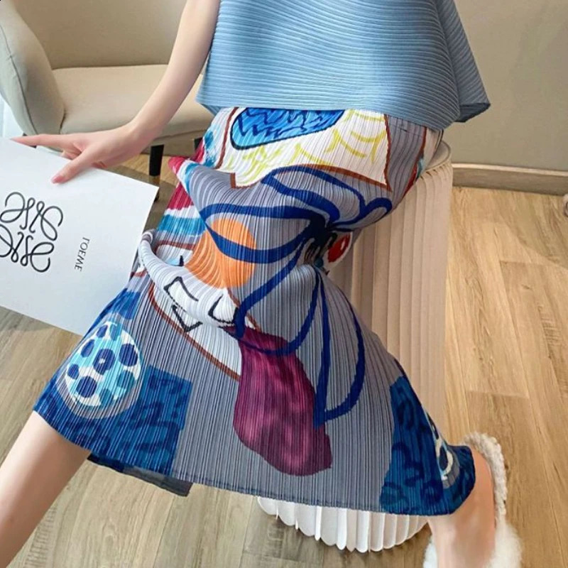 S-3XL Skirts Women Printing Vintage Folds Summer Personality High Waist All-match Fashion Ulzzang Vacation Casual Korean Style 240318