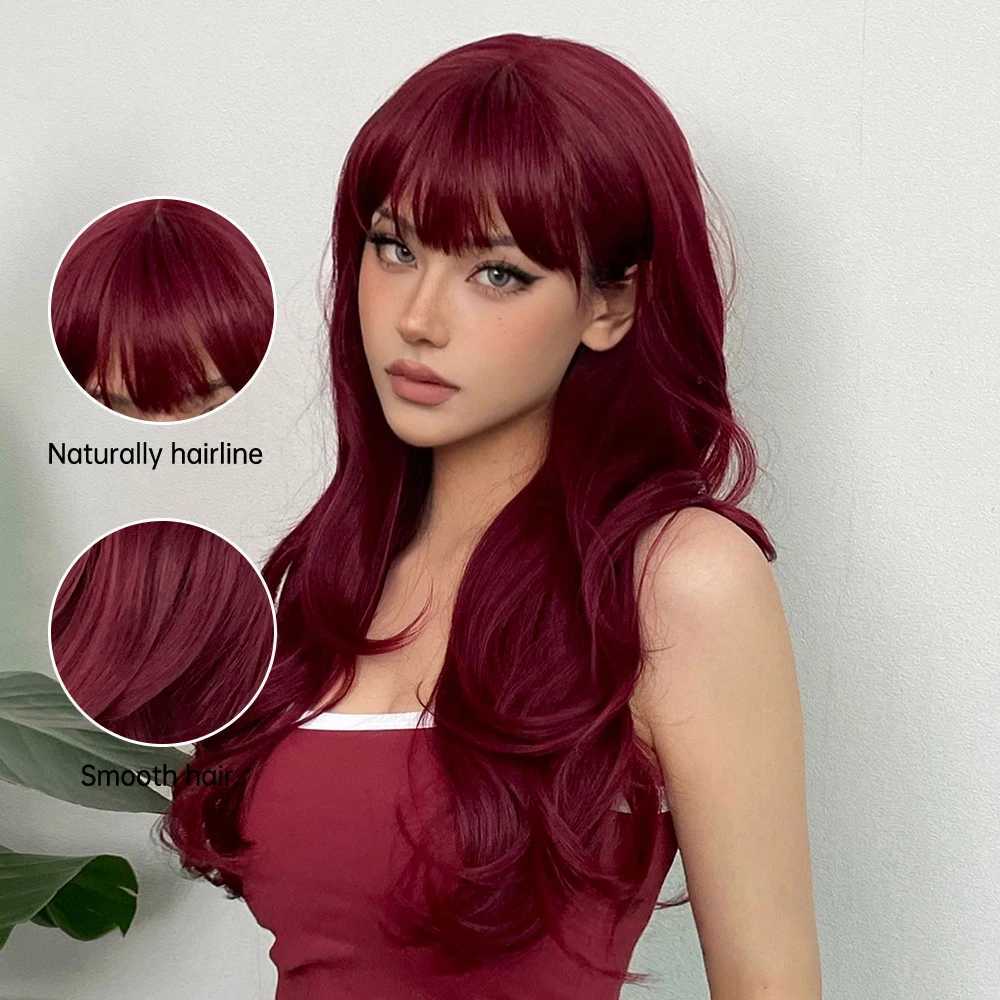 Parrucche sintetiche Cosplay Parrucca Lolita di Halloween Sintetica Onda lunga Borgogna scuro Vino rosso Parrucche da donna con frangia Capelli finti naturali ad alta temperatura 240329