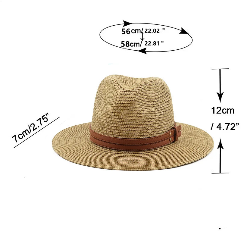 Chapeau de paille souple Panama naturel avec ceinture marron, casquette d'été pour femmes et hommes à large bord, casquette de soleil de plage, Protection UV, Fedora 54575960CM, 240309