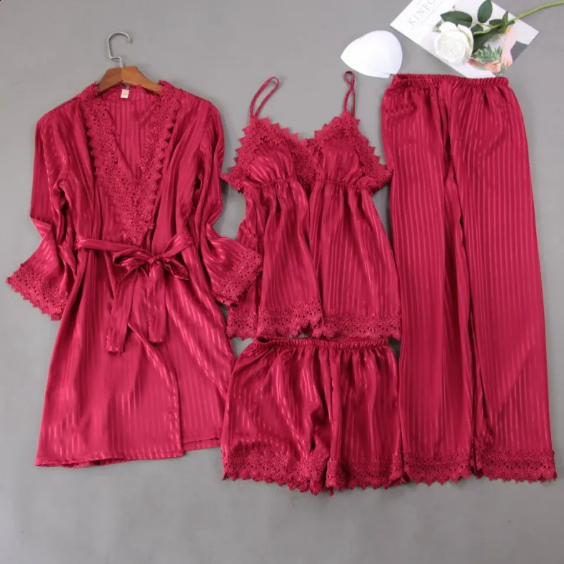 Women Sleep Set Satin Striped Pajamas Suit Pijamas Sexy Kimono Bathrobe Gown Home Clothes Lace Patchwork Sleepwear 240308