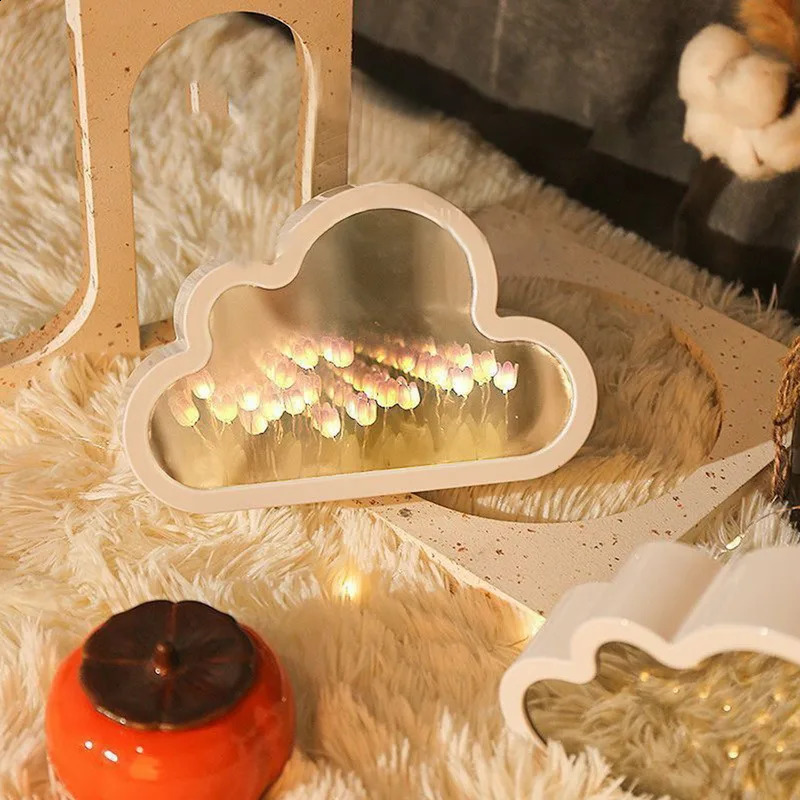 INS Handmade DIY Cloud Tulip Mirror Small Night Light INS Girl Heart Living Room Desktop Decoration Birthday Gift Holiday Gift 240318