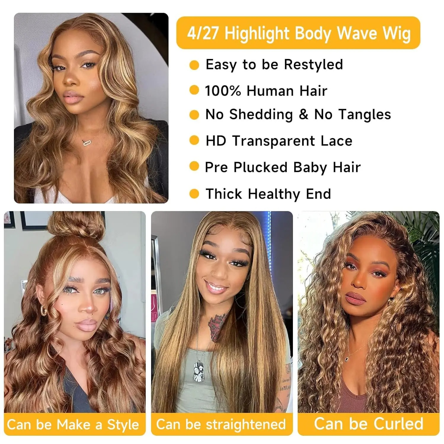 Ombre Lace Front Wig Human Hair 180% Density 13x4 4/27 Highlight Lace Front Wig Human Hair Honey Blonde HD Lace Front Wig