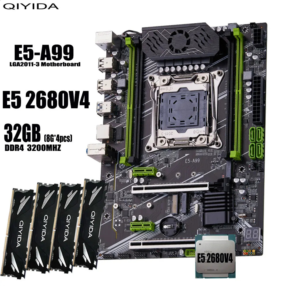 Qiyida X99 مجموعة Motherboard Set Kit Xeon LGA2011-3 E5 2680 V4 4*8GB = 32GB 3200MHz 4 قنوات DDR4 SATA 3.0 NVME M.2 ATX 240314