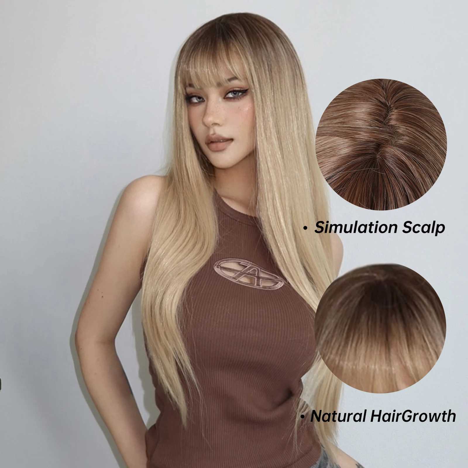 Syntetyczne peruki lekkie blond ombre syntetyczna peruka z grzywką dla kobiet Blondynka długa prosta cosplay codziennie używać peruki, odporne na ciepło naturalne włosy 240328 240327