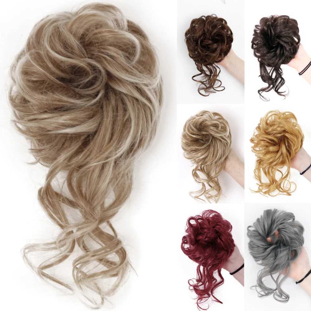 Perruques synthétiques Azqueen synthétique désordre cheveux bouclés cravate avec bande élastique noir or résistant à la chaleur haute température fibre femmes chignon postiches 240329