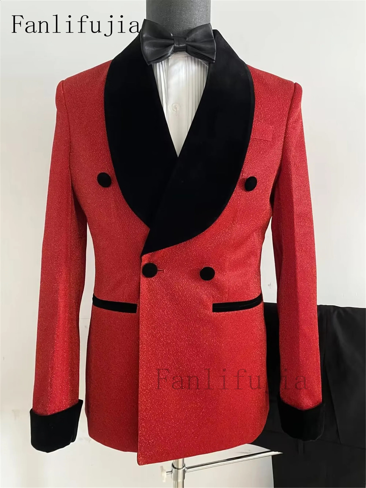 Fanlifujia Luxury Red Glitter Suits Men Groom Wedding Tuxedo Double Breched Blazerフォーマルイブニングパーティープロムドレス2ピースセット240312