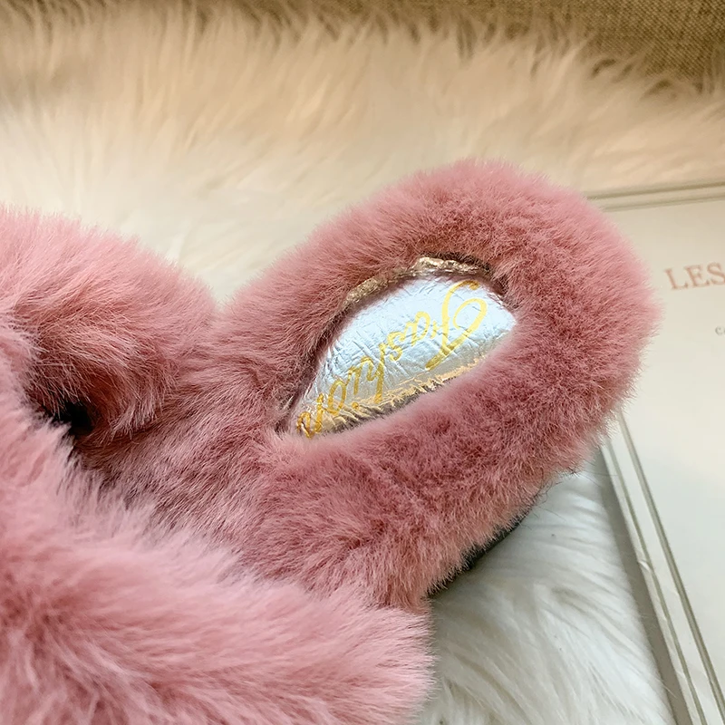 Flops Winter Wedge Women Fur Slippers Fluffy Real Rabbit Fur Slides Soft Platform Shoes Home Slippers Woman Flip Flops Heels Slippers