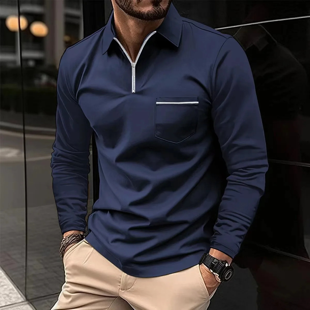 Camisa polo masculina outono com zíper gola polo roupa de golfe manga comprida bolso top casual moda cor sólida camiseta 240305