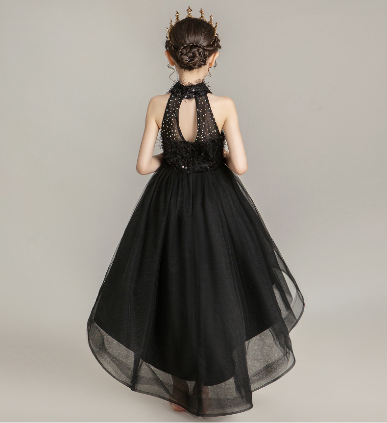 Charmante robe de demoiselle d'honneur noire en Tulle Hi-Lo, robes de concours de beauté, robes de fête/anniversaire, jupe de fille personnalisée SZ 2-12 D318011