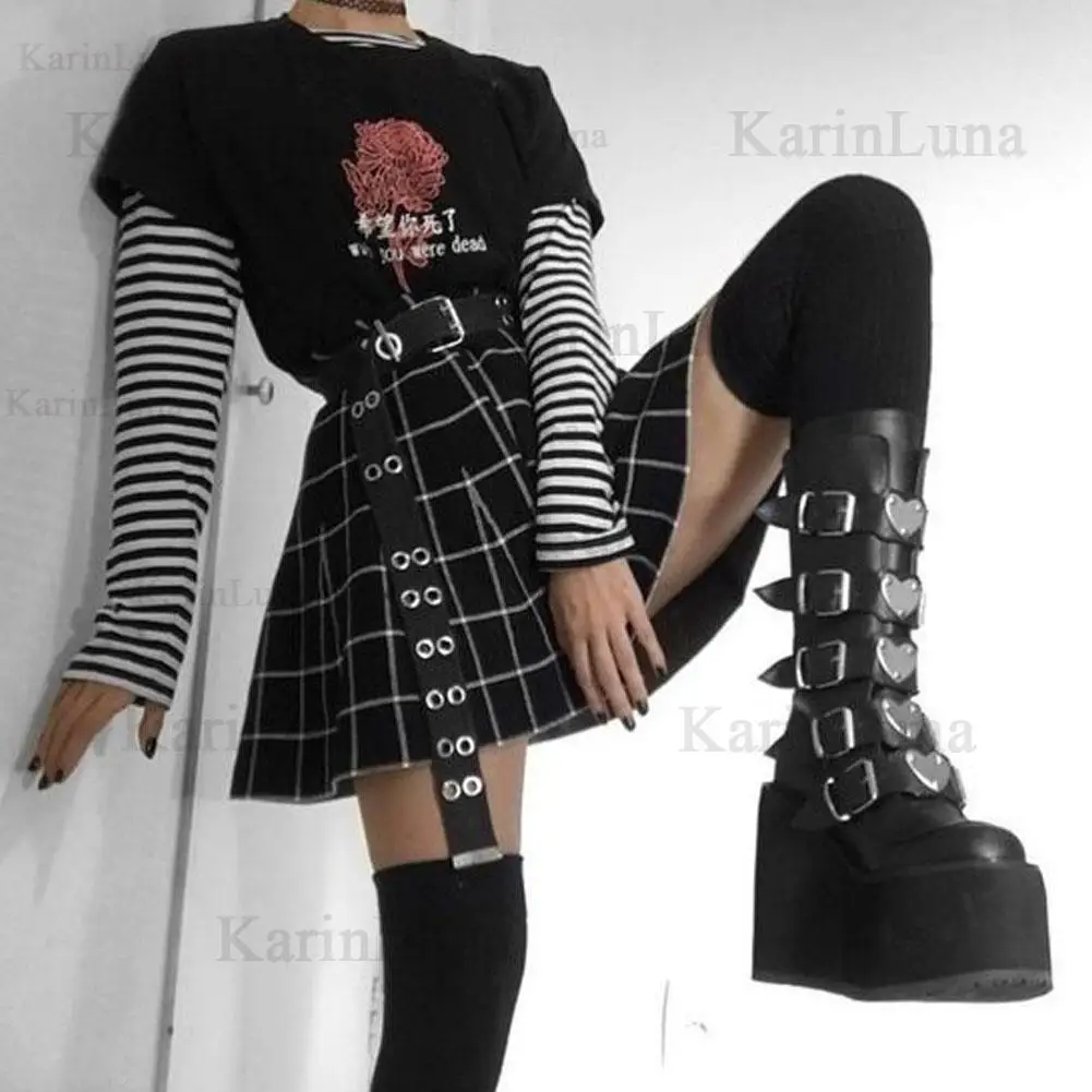 Boots Brand Design Gothic Boots INS Hot Great Quality Fashion Cool Motorcycle Boots Big Size 43 Wedges Heart Platform MidCalf Boots