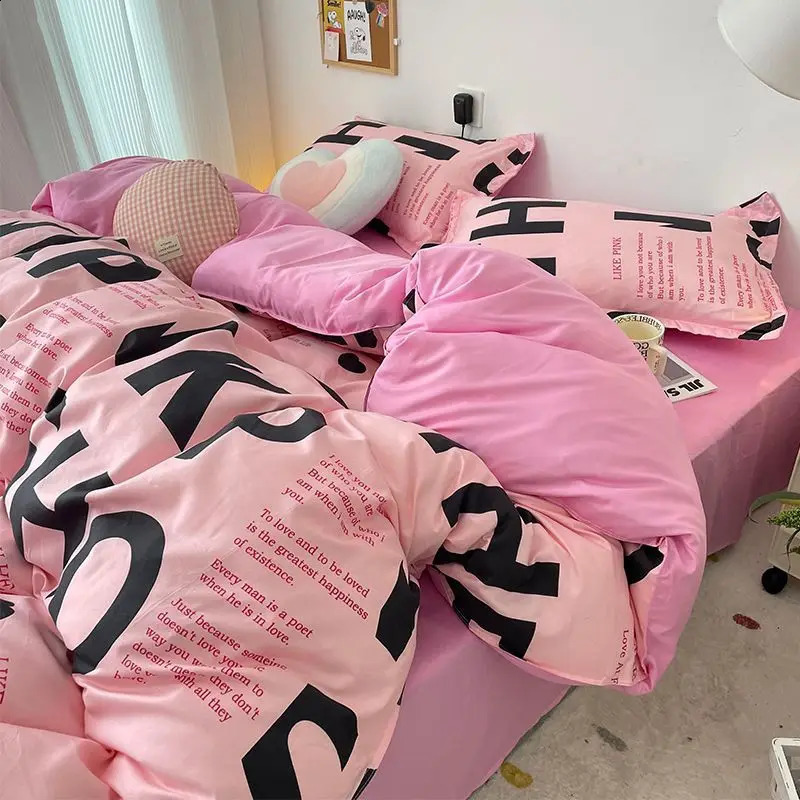 Koreansk stil rosa brev sängkläder set platt lakan kudde tvilling full drottning storlek linne kvinnor flickor täcke täcker ingen fyllning 240312