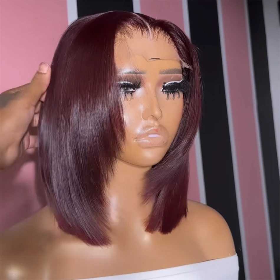 Synthetic Wigs Soft Burgundy Short Cut Bob Silky Straight 99j Lace Front Wigs For Black Women With Baby Hair Wine Red Preplucked Daily Cosplay 240328 240327