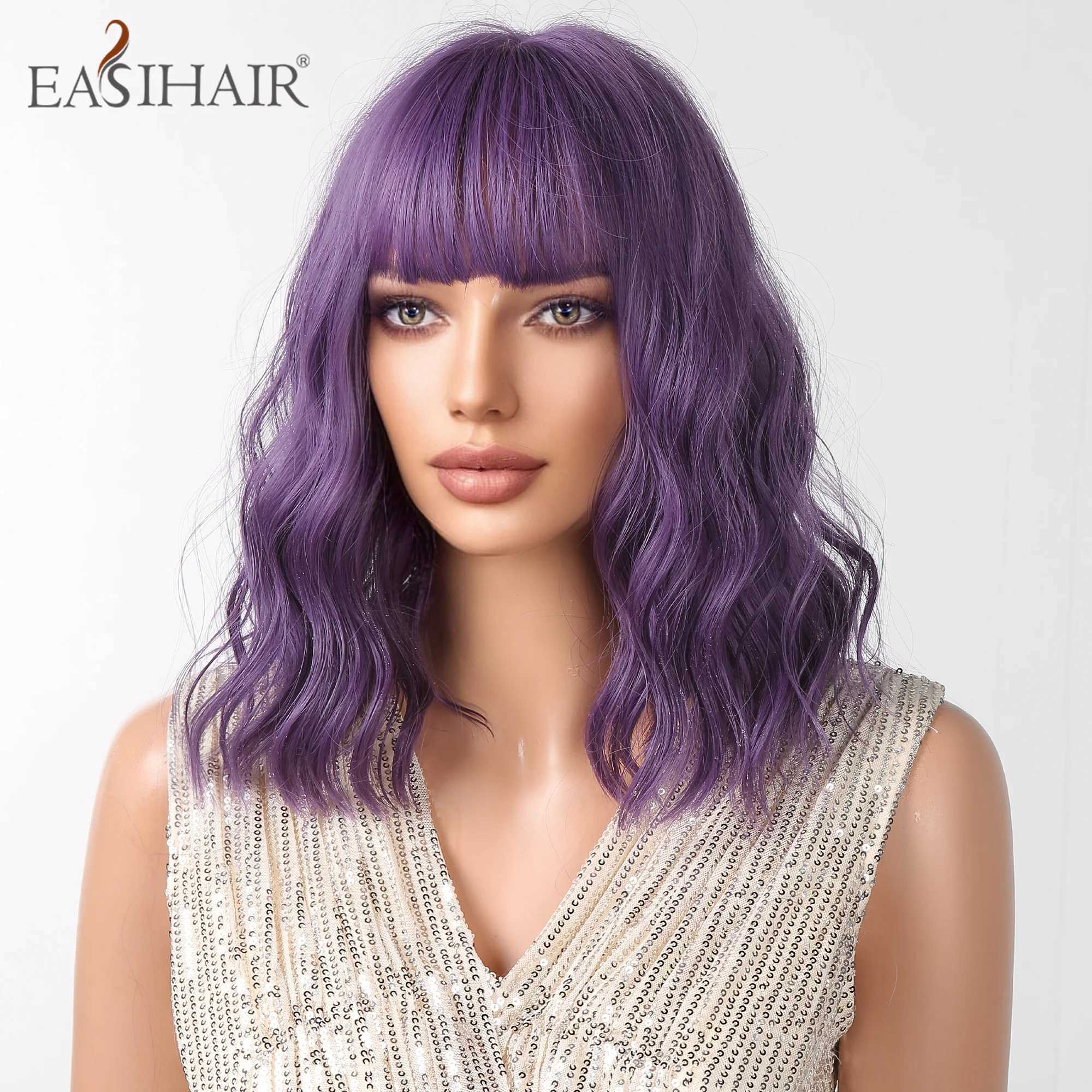 Perruques synthétiques EASIHAIR perruques synthétiques courtes violettes bouclées avec frange Cosplay Bob cheveux perruque pour femmes fête quotidienne utilisation de fibres résistantes à la chaleur 240328 240327