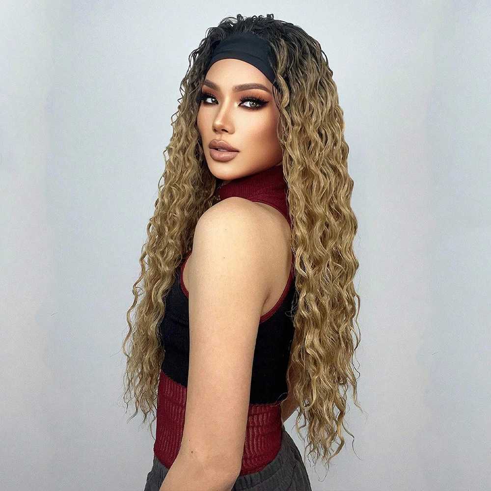 Perruques synthétiques Perruques de bandeau longues bouclées noir à brun blond ombré perruque bandeau vague d'eau profonde perruque de cheveux synthétiques pour femmes faux cheveux quotidiens 240328 240327