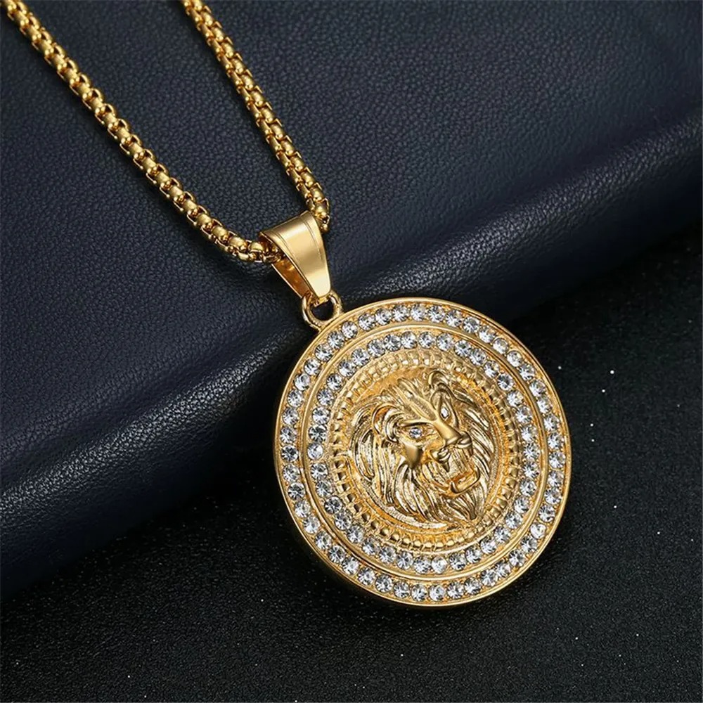 Pendentif tête de Lion glacé CZ pour hommes, collier rond en or jaune 14 carats, bijoux Hip Hop