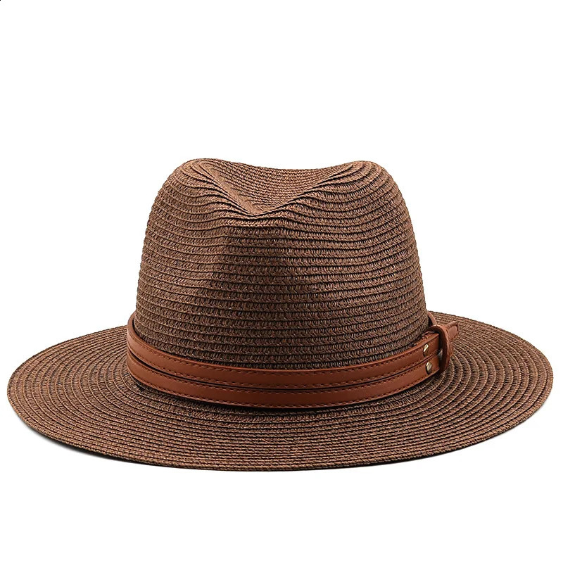 Chapeau de paille souple Panama naturel avec ceinture marron, casquette d'été pour femmes et hommes à large bord, casquette de soleil de plage, Protection UV, Fedora 54575960CM, 240309
