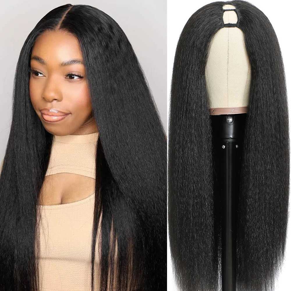 Synthetische pruiken Cosplaypruiken Kinky recht U-deel pruik 10-30 inch V-deel Yaki Recht Synthetisch haar Pruik voor dames Dagelijks gebruik Lijmloos Volledige machinaal gemaakte pruiken 240327