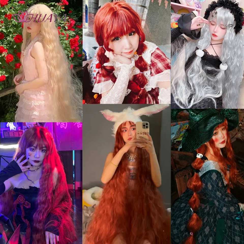 Sentetik peruklar dantel peruklar huaya uzun lolita peruk 120cm ekstra uzun sarışın kahverengi cosplay peruk, bangs ile sentetik kıvırcık peruk kadınlar için parti günlük kullanım 240329