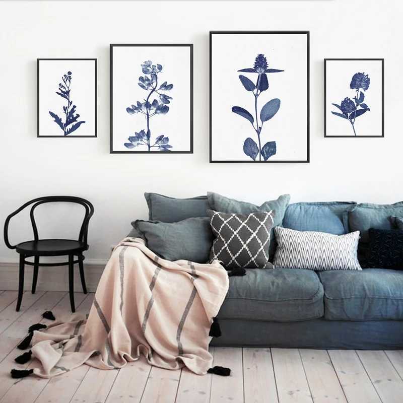 Adesivos de banheiro tinta azul samambaia imprime aquarela folha botânica arte cartazes tinta azul eucalipto folhas pintura decorações de parede para casa 240319
