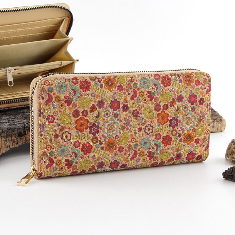 6st plånböcker Lady Cork Leather Flower Printing Multifunktionellt långt kreditkortshållare Mix Style