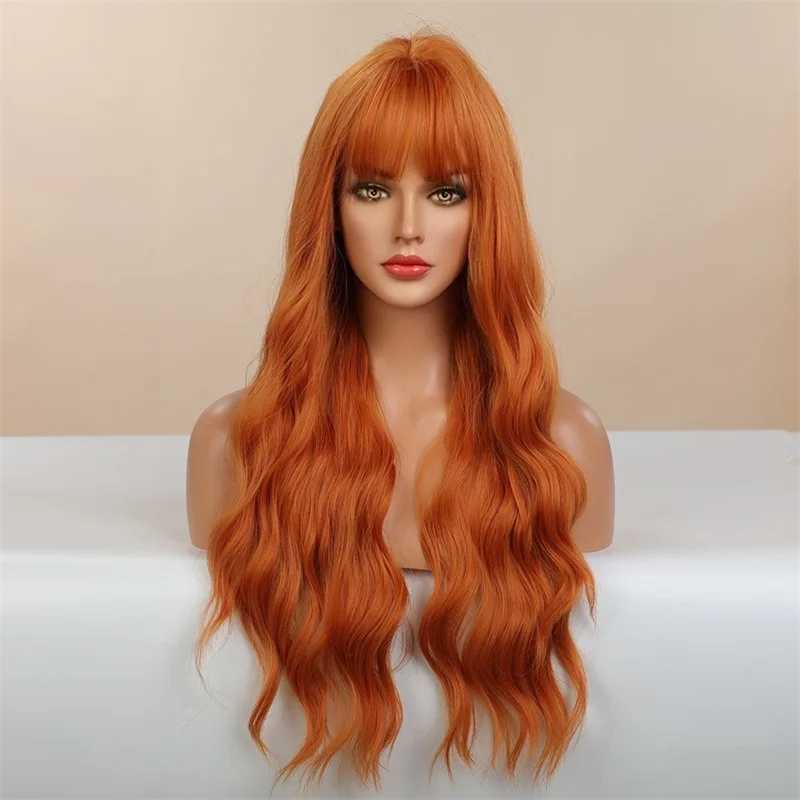 Synthetic Wigs Cosplay Wigs Big wave wig female orange air bangs long curly hair facial synthesis high temperature silk wig head cover 240328 240327