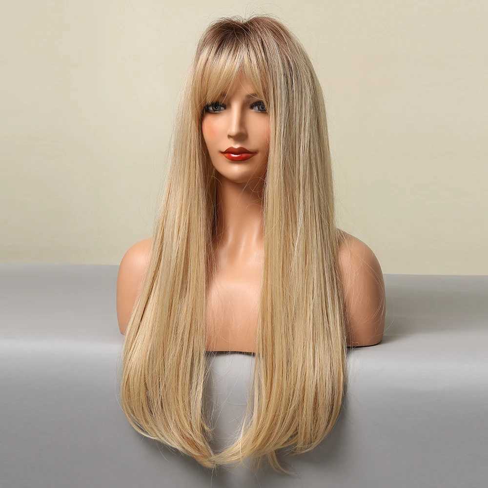 Синтетические парики ALAN EATON Длинные прямые синтетические парики блондинки с челкой для женщин Естественный светлый золотистый парик Жаропрочный повседневный парик 240328 240327