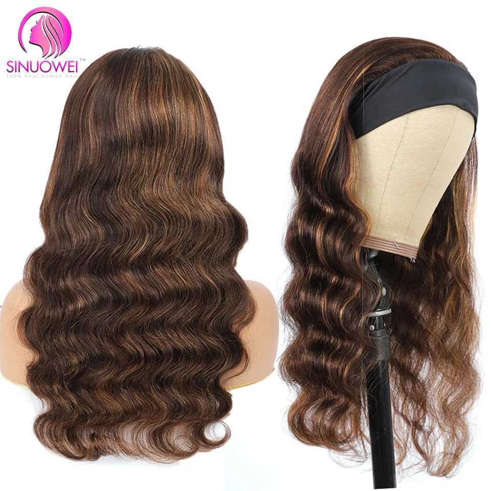 Syntetiska peruker Syntetiska peruker Höjdpunkt Body Wave Pannband Wig Human Hair Obre Honey Blonde Pannband Mänskligt hår Peruk för svarta kvinnor Brasiliansk remy hår 240327