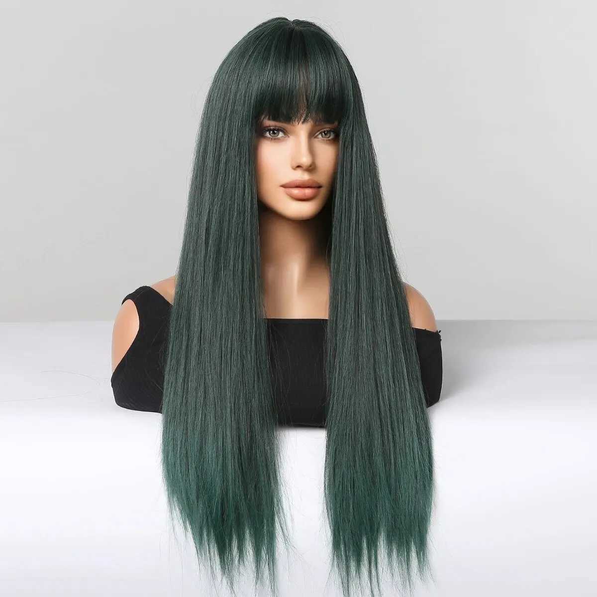 Synthetische pruiken Lange rechte groene synthetische haarpruiken met pony voor vrouwen Cosplay Party Natuurlijk haar Hittebestendige vezelpruik 240329