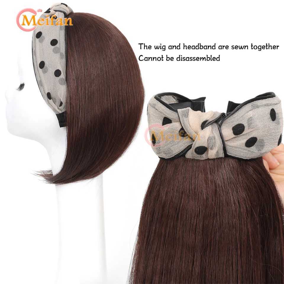 Синтетические парики Парики на шнуровке MEIFAN Синтетический короткий прямой боб-полупарик с повязкой на голову, черный, коричневый, пушистый накладной парик для женщин 240329
