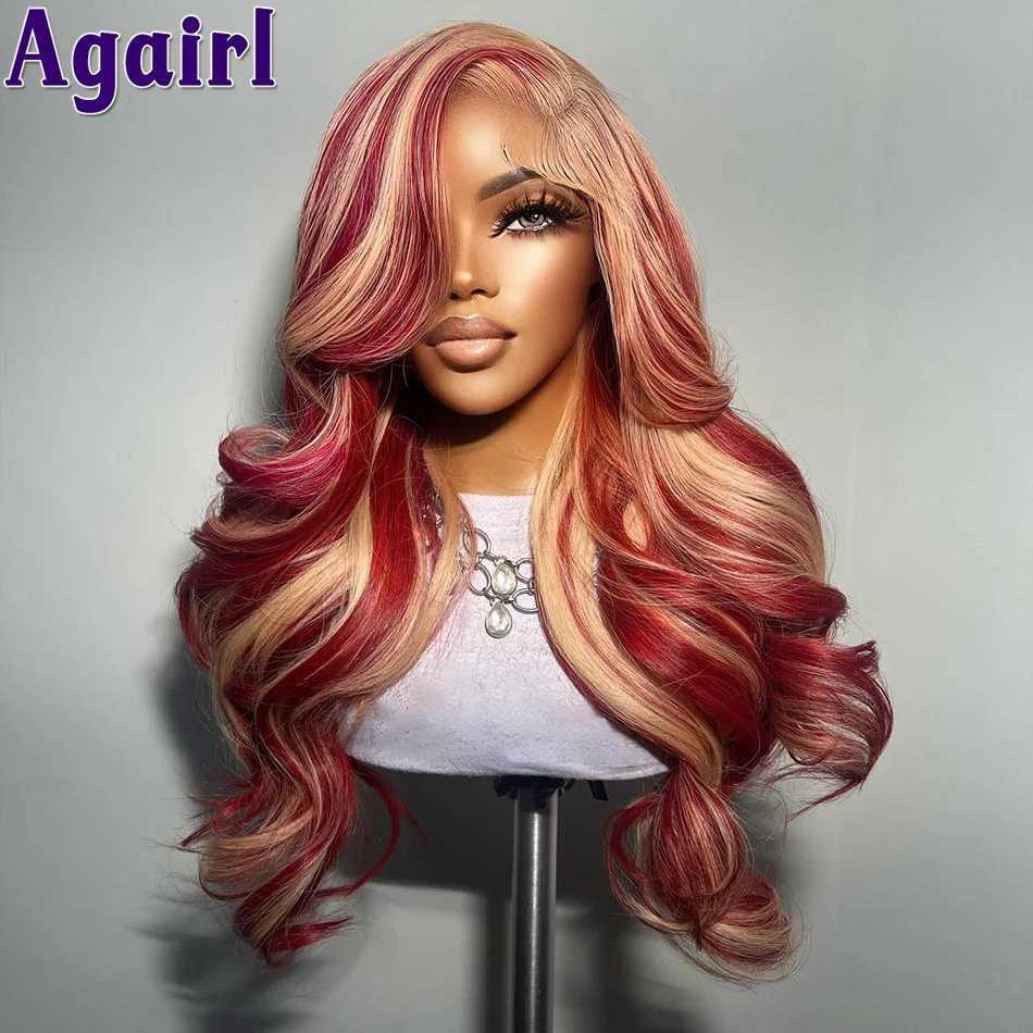 Synthetic Wigs 200% Pomegranate Red 613 Blonde Highlight 13x6 Lace Frontal Human Hair Wigs 13x4 Body Wave Lace Front Wigs for Women Pre Plucked 240328 240327