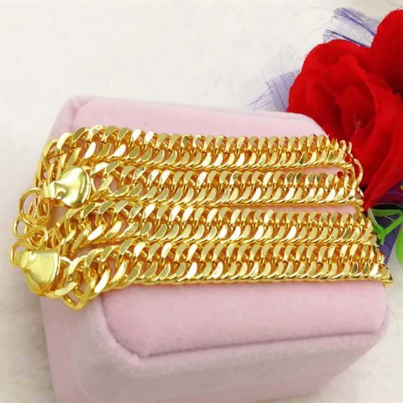 Bangle Pure Gold Color 10mm Wide Armband Set långt halsband med kedja för män 24K GP Tungt Hip Hop /Rock Mens smyckesuppsättning kommer inte att bleka 240319