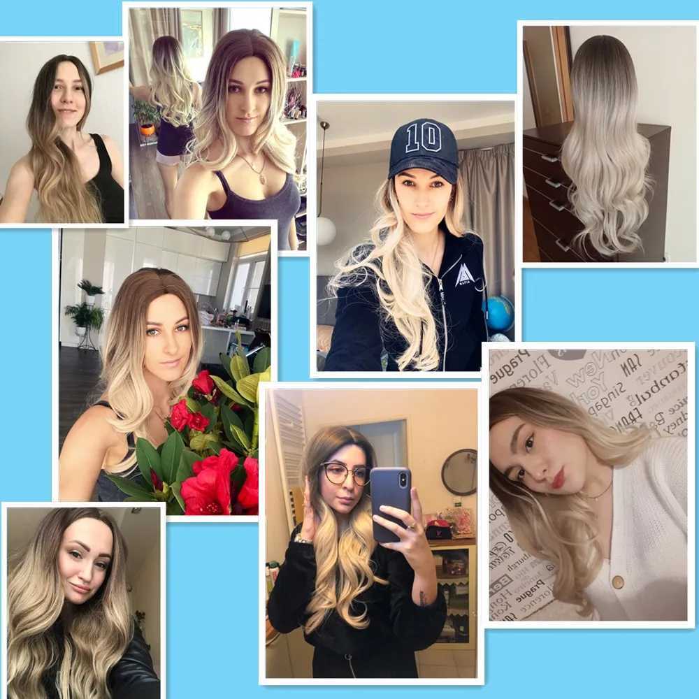 Syntetiska peruker spetsar peruker blond enhörning syntetiskt långt vågigt hår peruk ombre brun ljus blond platina cosplay dagligen naturligt värmemotstånd för kvinnor 240328 240327