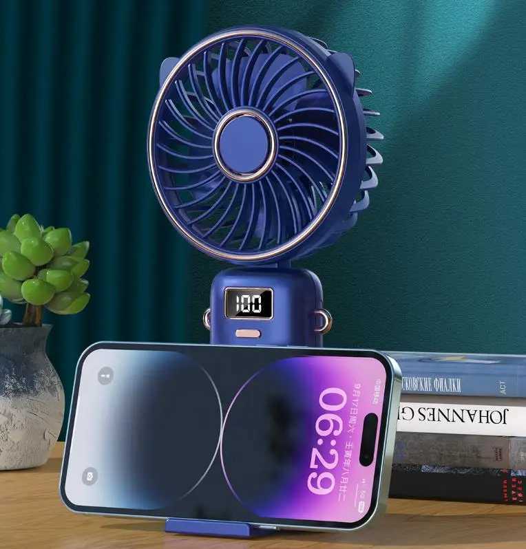 Elektrische Ventilatoren, 4000 mAh, tragbare Mini-Windmühle, faltbar, tragbar, zum Aufhängen am Hals, 5-Gang-USB-wiederaufladbarer Ventilator mit Telefonständer und Display 240319