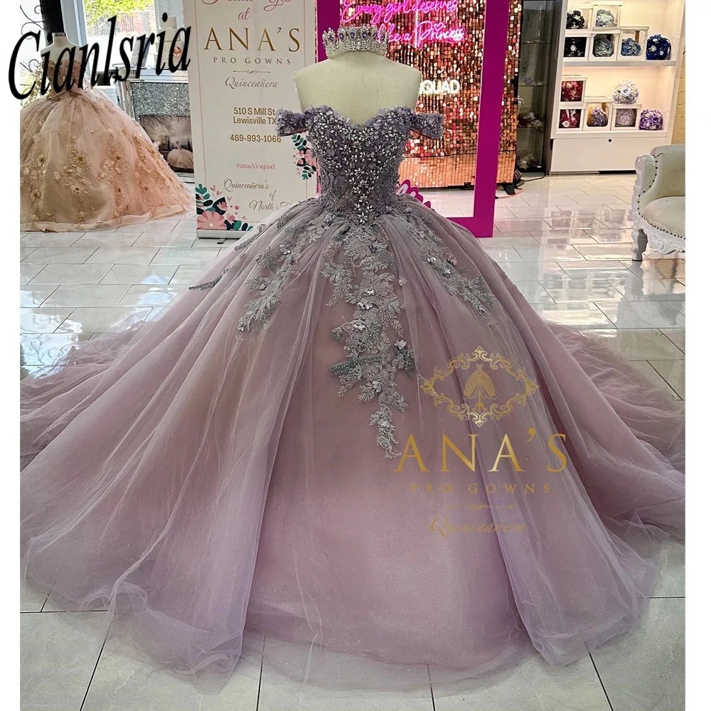 Robe Quinceanera violette scintillante, robe de bal, douce 16, perles, paillettes, glands appliqués, robe de fête d'anniversaire, 15e, 2024
