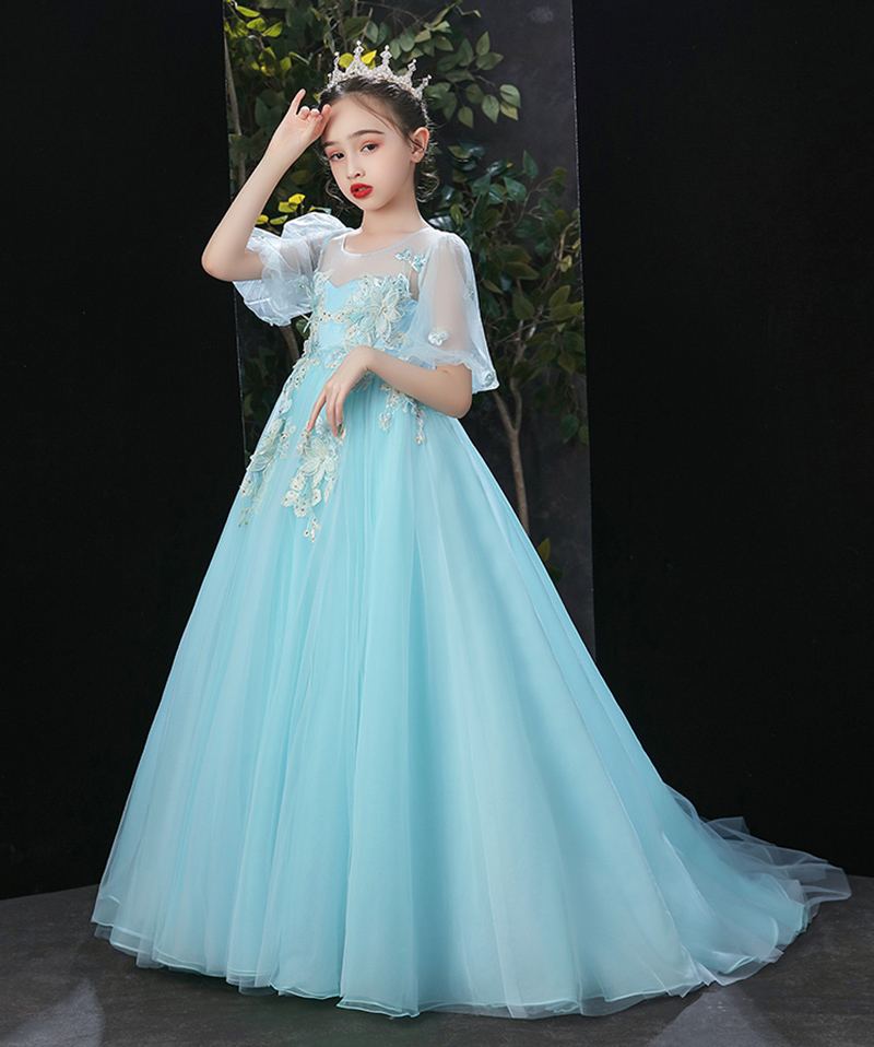 Doux bébé bleu tulle/organza manches appliques perles robe de fille de fleur robes de reconstitution historique de fille robes de fête/anniversaire jupe de fille personnalisé SZ 2-12 D319044