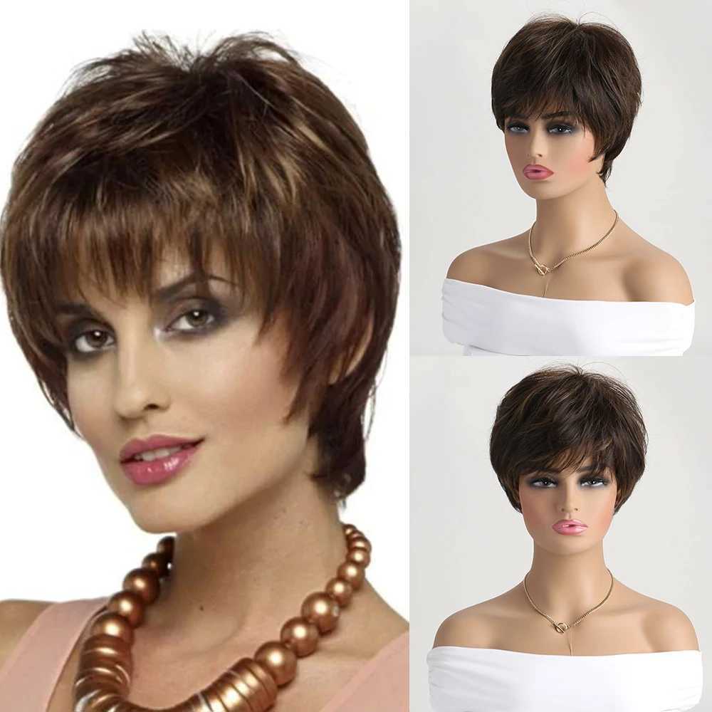 Synthetic Wigs Short Natural Synthetic Wigs with Bangs 10 inches Soft Hair Daily Use Brown Ombre Curly Hair Costume Party Wig for Women 240329