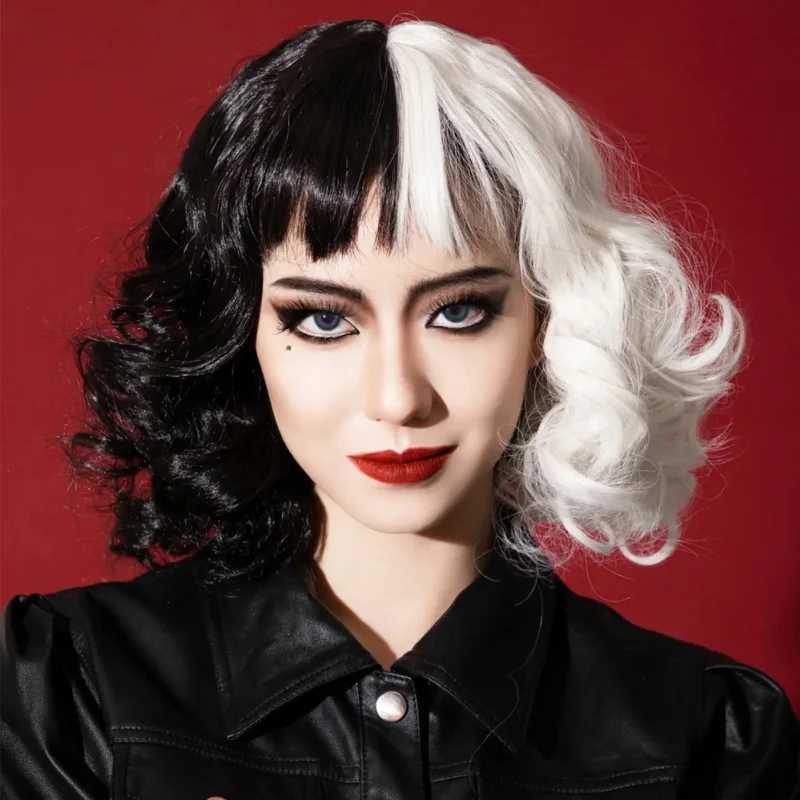 Synthetic Wigs Lace Wigs Wig woman Cruella dress up black and white small curly short curly synthetic high temperature silk full head cover 240329