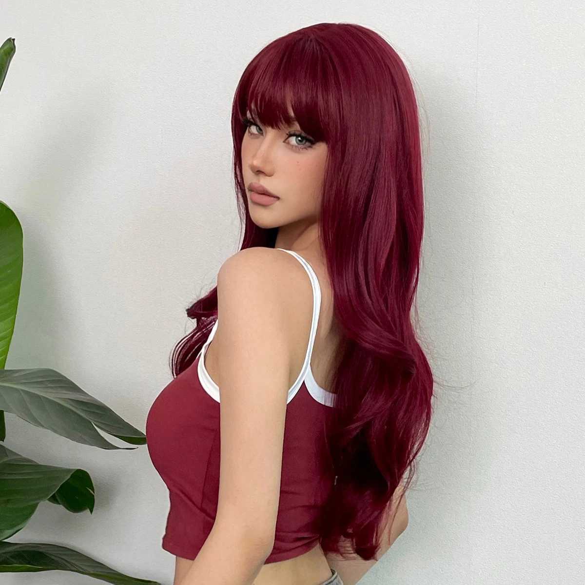 Synthetic Wigs HENRY MARGU Burgundy Long Wavy Wigs Wine Red Wig with Bangs for Women Daily Synthetic Hair Cosplay Wig Heat Resistant Fiber 240328 240327