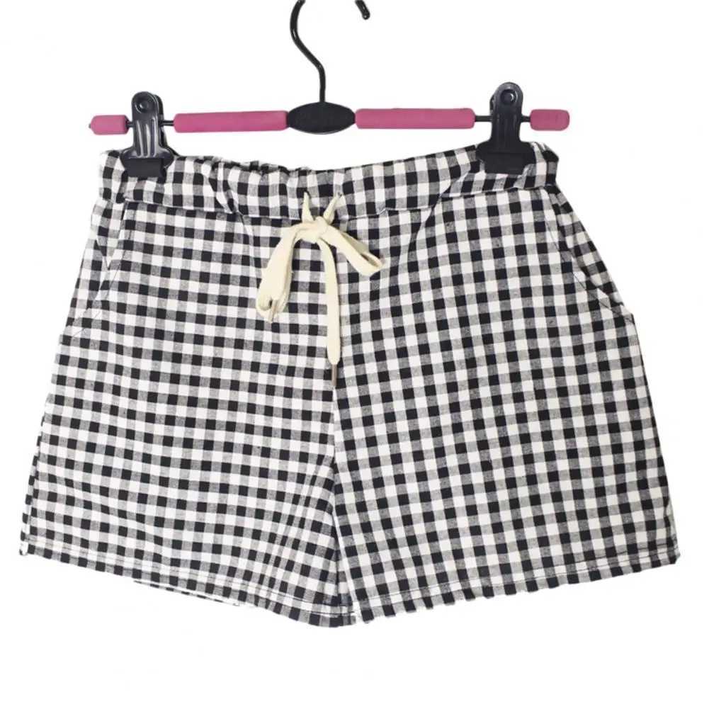 Shorts femininos verão shorts femininos cintura elástica xadrez com bolso solto vestido respirável calças quentes verão praia shorts para mulheres l2403