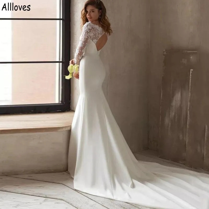 Slim and Flare Designer Mermaid Wedding Dresses With Long Sleeves White Elegant Satin Lace Boho Bridal Gowns Court Train Sexy Backless Bride Robes de Mariee YD