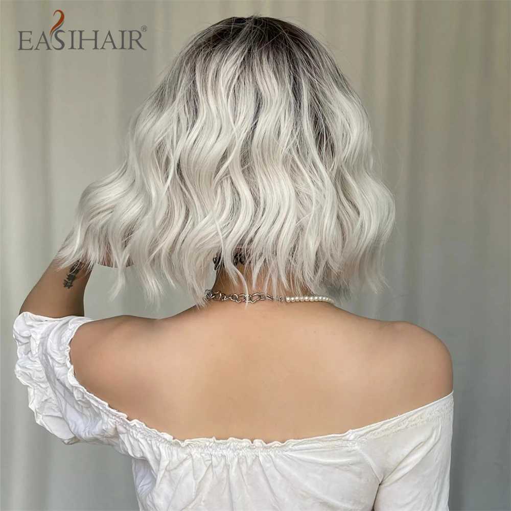 الباروكات الاصطناعية Easihair Ombre Blonde قصيرة المسح البسكويت البسكويت لوليتا مع الانفجارات الضوء البلاتين بوب الشعر الاصطناعية للنساء مقاومة للحرارة 240329