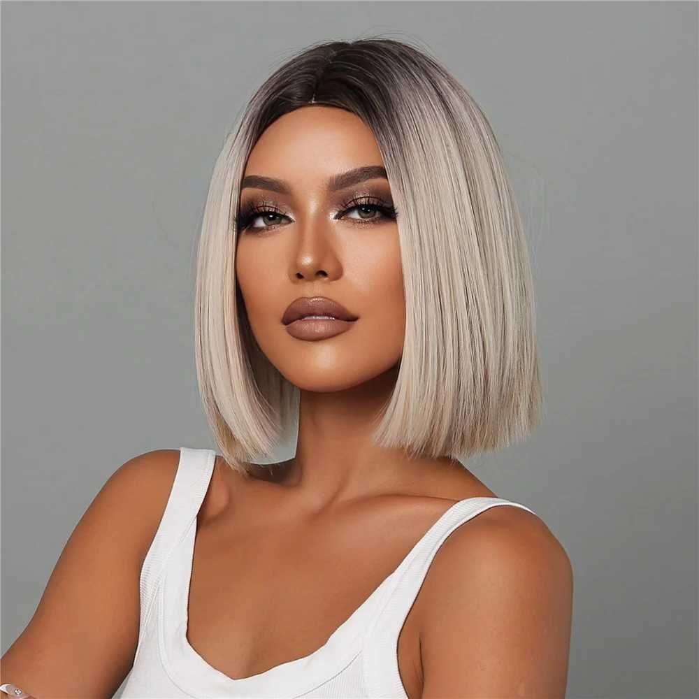 Synthetische Perücken, kurze, gerade, gemischte Platinblond-Synthetikperücke mit Pony, Ombre-Braun-Bob-Perücken für Damen, Mittelteil, täglich, hitzebeständig, 240329