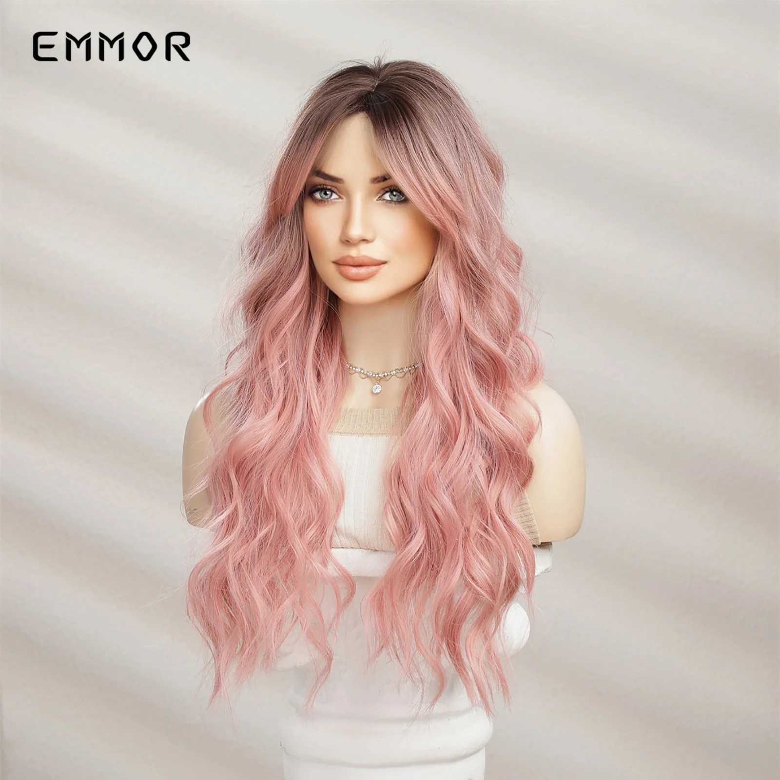 Synthetische pruiken Kanten pruiken Emmor Synthetische lange golvende pruiken met pony voor dames Cosplay Natuurlijk ombre Zwart tot roze haar Pruik Hoge temperatuurvezel 240328 240327