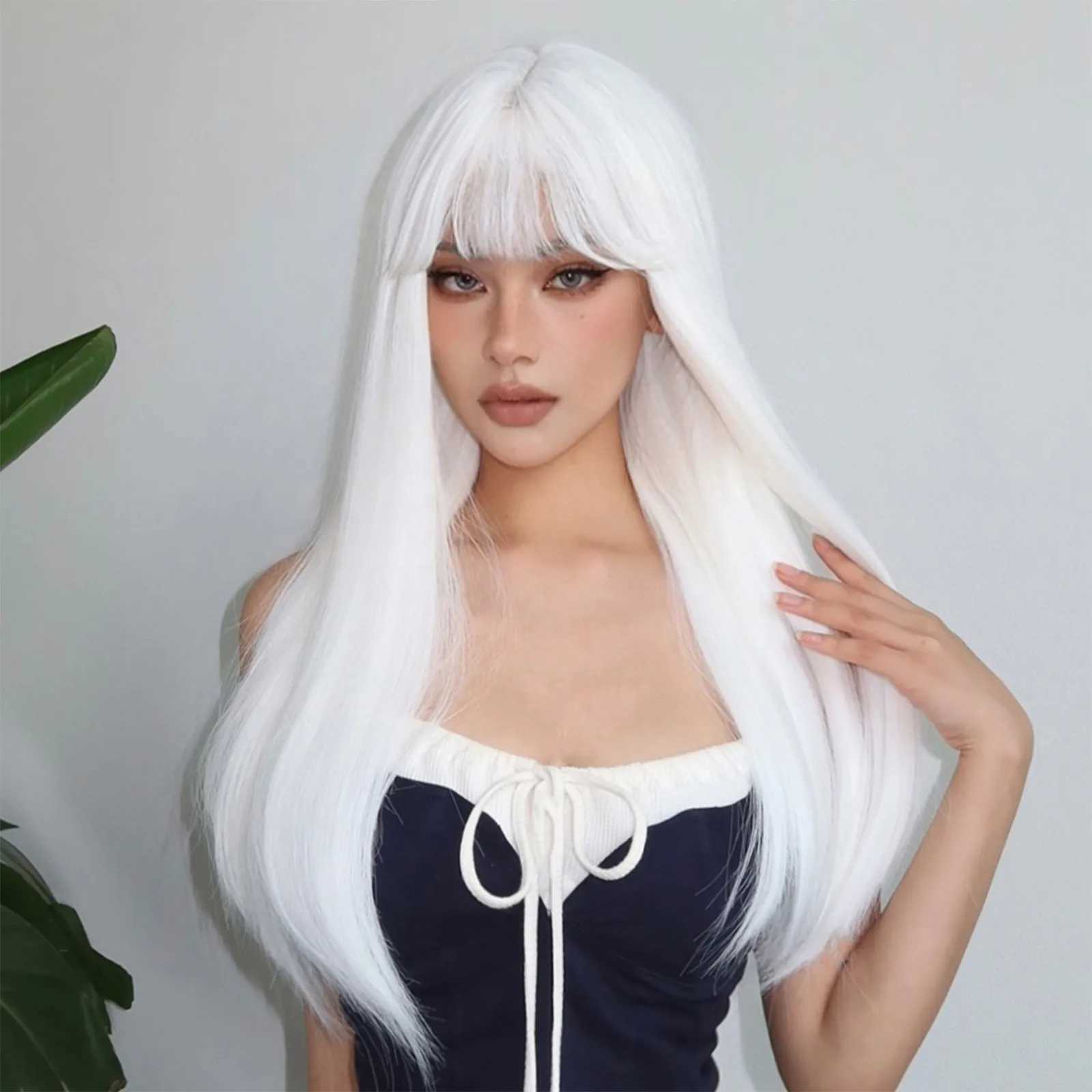 Synthetic Wigs HENRY MARGU White Long Straight Synthetic Wigs for Women Colorful Cosplay Party Fake Hair with Bangs White Wig HighTemperature 240328 240327