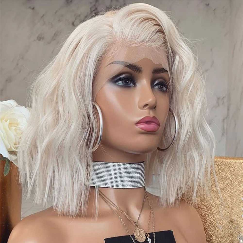 Syntetyczne peruki Charyzma 60 Platinum blond peruka syntetyczne koronkowe peruki dla kobiet Krótkie falubki Wavy Hair Blond Pargs Cosplay 240329