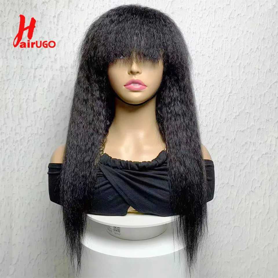 Perruques synthétiques Perruques de cheveux humains crépus droites avec frange Yaki droites perruques entièrement faites à la machine avec frange perruques sans colle non-remy HairUGo 180% 240328 240327