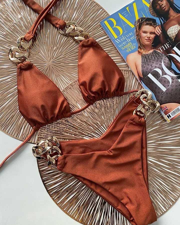 Kadın Mayo Özelleştirilmiş DIY Biquini Son Seksi İlham Tasarımcı Mayo Bikini Altın Zincir Kahverengi Beyaz Siyah Mayo Kız S ~ XL E2057 J240319