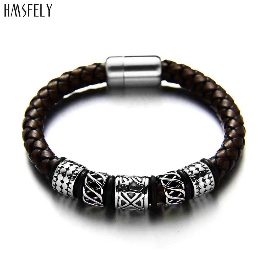 Bracelet HMSFELY hommes mode bracelet en cuir en acier inoxydable Viking pendentif avec perles bracelets bijoux bracelets pour hommes fermoir bracelet magnétique 240319