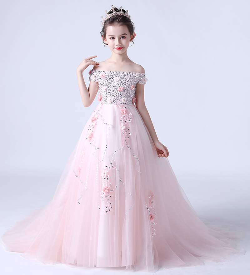 Sweet Pink Blue Tulle Off Shoulder Pärlor Flower Girl Dress Girl's Pageant Dresses Party/Birthday Dresses Girl's Kirt Custom SZ 2-12 D319045