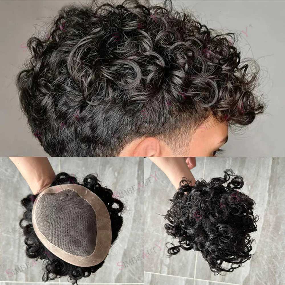 Syntetyczne peruki 20 mm Curly Toupe dla mężczyzn 8x6 Euro Virgin Human Hair Systemy wymiany włosów męskie MENS SIECKY Mono koronkowy top z trwałym PU około 240328 240327